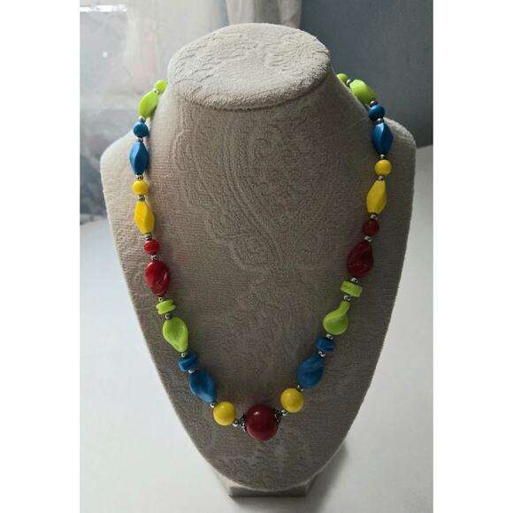 Retro Red, Yellow, Blue, and Yellow Plastic Beaded Necklace and Green Earrings - Picture 8 of 10